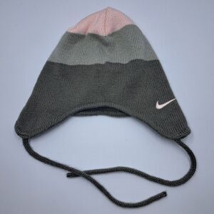 Nike Womens Ear Flap Beanie Hat Gray Pink Y2K Knit Colorblock Pink Gray OSFA
